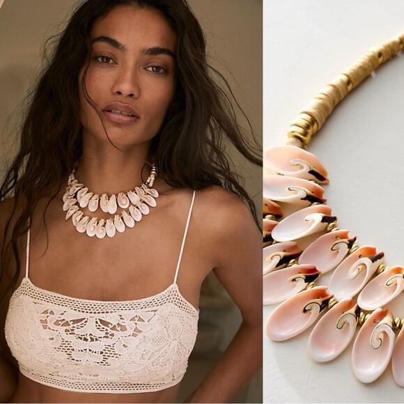Free People Concha Shell Statement Two Strangers Necklace NWT Layered Beach Boho - Picture 1 of 14